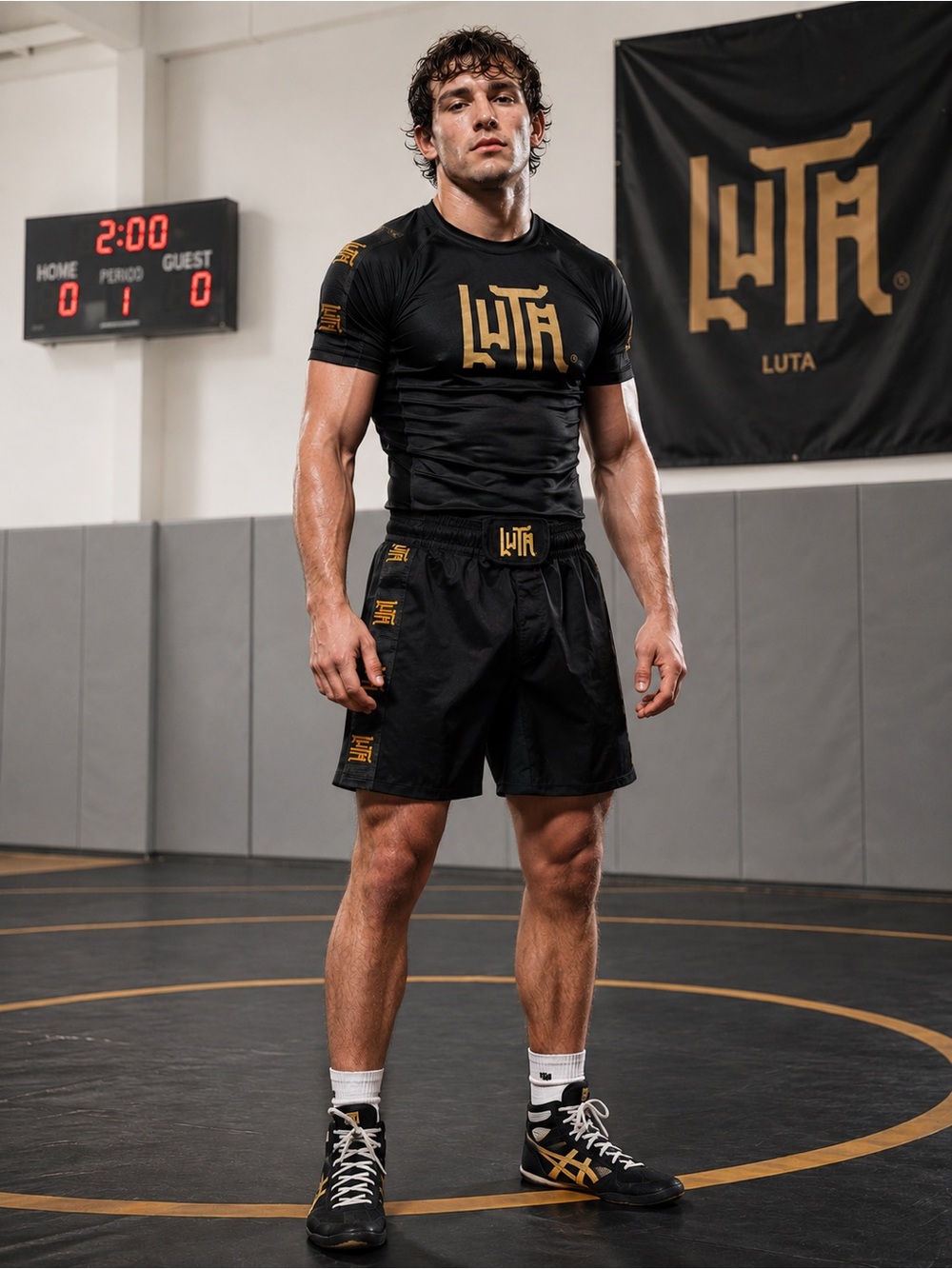 LUTA MMA Black Wresting Fighting Athletic Shorts Gold Accents Size Large